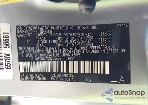 2012 Toyota Sienna Xle V6 8 Passenger из США, поврежденный, VIN 5TDYK3DC1CS236452